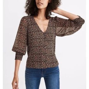 Madewell Floral Print Georgette Smocked-Cuff Button Front Blouse
